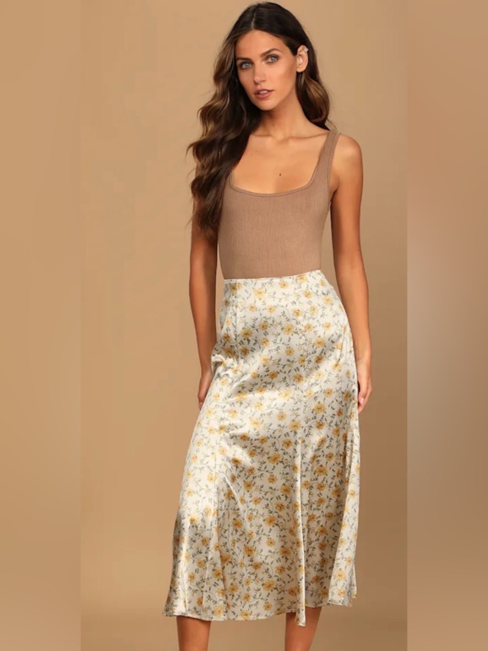 Lulus Darling Blooms Ivory Floral Print Satin Midi Skirt Sz XL Cottage Boho
